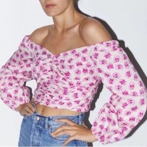 ZARA Pink Floral Girly Garden Party Cinched Cotton Longsleeve A24